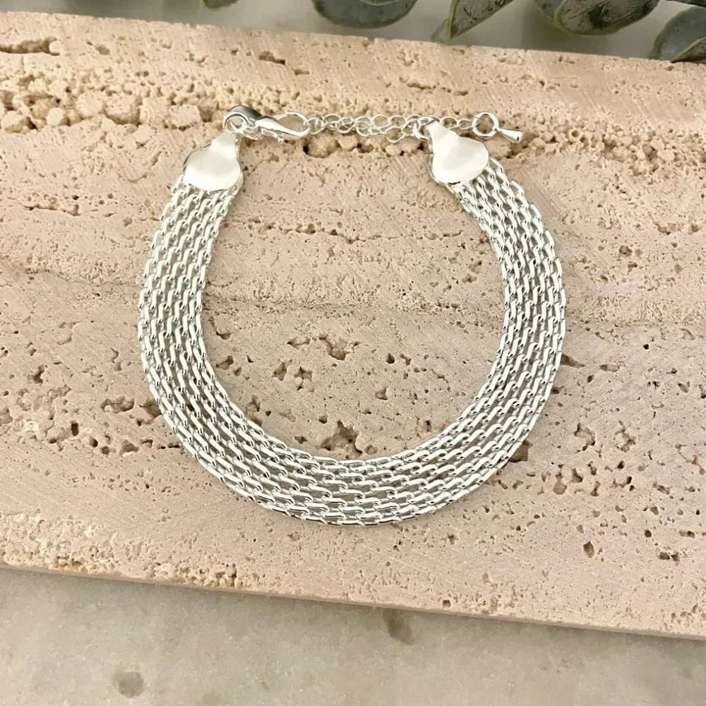 925 Sterling Silver Mesh Bracelet Wide Chunky Thick Bracelet Large Bracelet - Picture 5 of 7